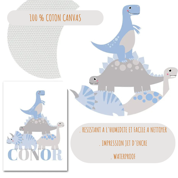 Affiches dinosaures en coton canvas 100% waterproof, résistantes à l'humidité et faciles à nettoyer, idéales pour une déco durable et soignée.