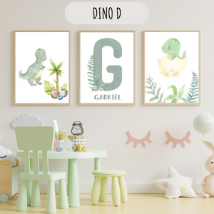 Ensemble de 3 affiches dinosaures personnalisées en vert sauge, parfait pour une décoration murale chambre bébé ou enfant. Impression sur toile coton canvas, résistante et waterproof.