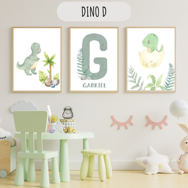Ensemble de 3 affiches dinosaures personnalisées en vert sauge, parfait pour une décoration murale chambre bébé ou enfant. Impression sur toile coton canvas, résistante et waterproof.