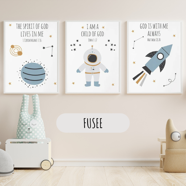 Posters décoratifs sur l’espace avec une fusée, un astronaute et des planètes, parfaits pour un univers cosmique dans une chambre d'enfant