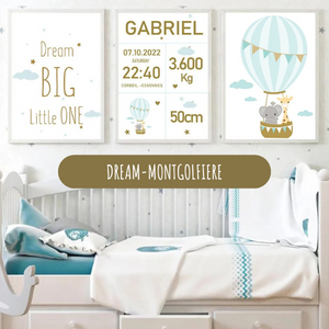 Ensemble de 3 affiches naissance avec montgolfière, citation "Dream Big" et personnalisation prénom et infos de naissance.