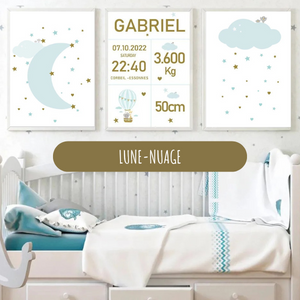 Ensemble de 3 affiches naissance avec lune, nuage et étoiles dorées, personnalisable avec prénom et détails de naissance.