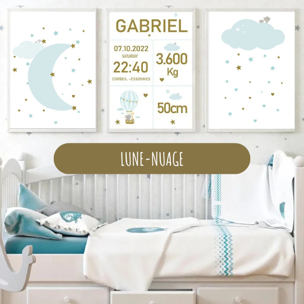 Ensemble de 3 affiches naissance avec lune, nuage et étoiles dorées, personnalisable avec prénom et détails de naissance.