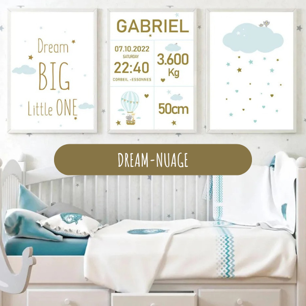 Ensemble de 3 affiches personnalisées naissance avec montgolfière, nuage et citation "Dream Big" pour chambre bébé.