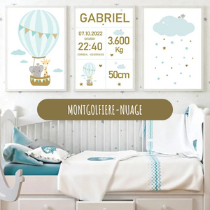 Ensemble de 3 affiches personnalisées naissance avec montgolfière, nuage et informations de naissance pour chambre bébé.