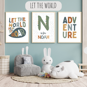 Affiches décoratives personnalisées avec prénom sur le thème des dinosaures et de l'aventure. Parfaites pour une décoration murale chambre enfant ou comme cadeau personnalisé bébé.