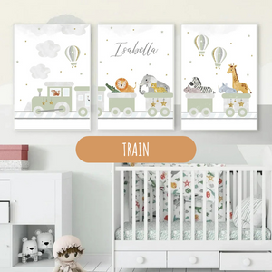 Ensemble d'affiches personnalisées sur le thème du train avec des animaux pour une décoration murale de chambre d'enfant.