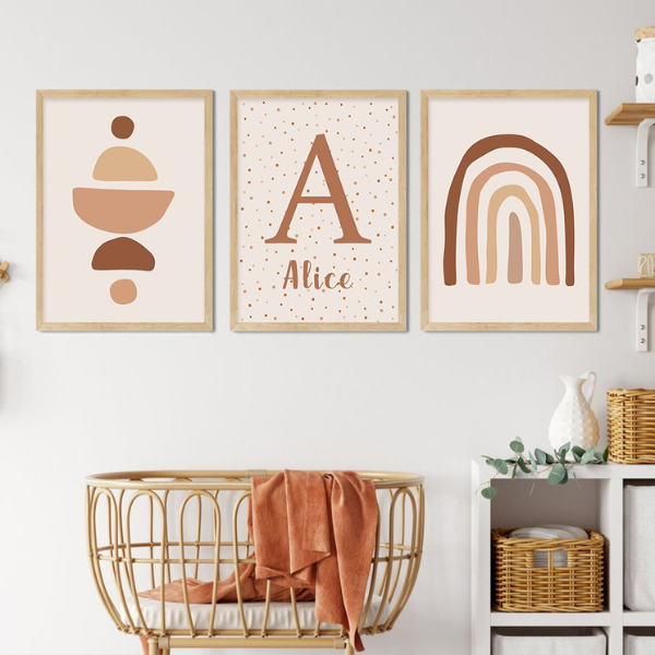 Affiches personnalisées bohème avec arc-en-ciel et alphabet pour décoration de chambre bébé