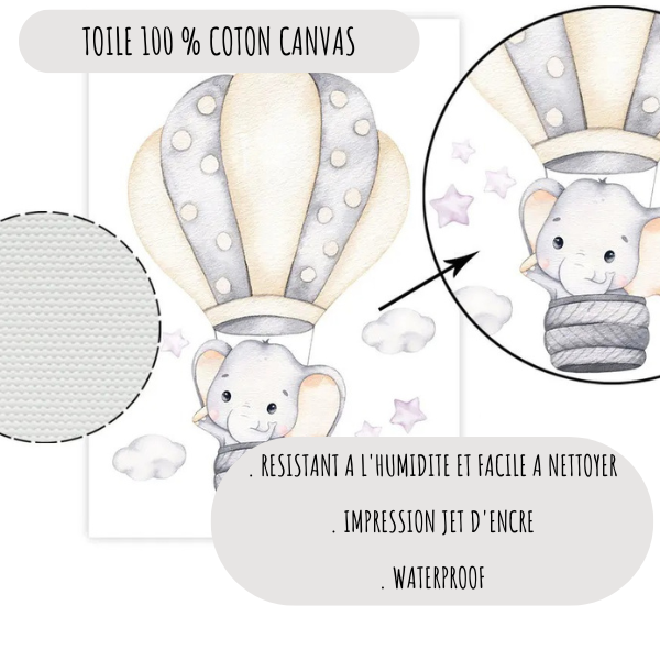Zoom sur une affiche personnalisée en coton canvas avec éléphant montgolfière, impression jet d’encre résistante et waterproof.