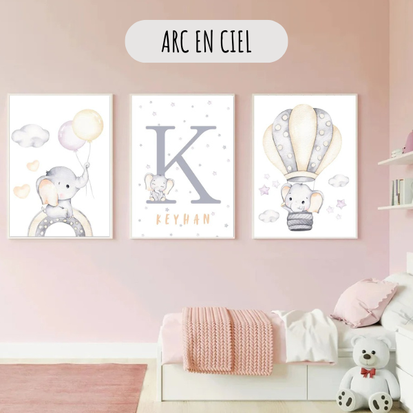 Ensemble d’affiches personnalisées avec éléphant et arc-en-ciel, parfait pour une décoration tendre et poétique de chambre d’enfant.