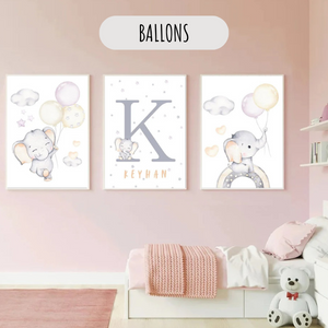 Ensemble d’affiches personnalisées avec éléphant et ballons, idéal pour une décoration douce et aérienne de chambre d’enfant.