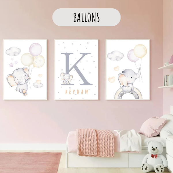 Ensemble d’affiches personnalisées avec éléphant et ballons, idéal pour une décoration douce et aérienne de chambre d’enfant.