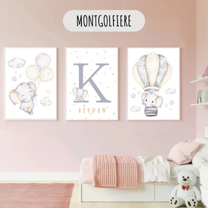 Lot d’affiches personnalisées avec éléphant et montgolfière, décoration douce et poétique pour chambre d’enfant.