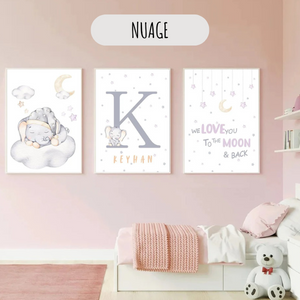 Ensemble d’affiches personnalisées avec éléphant sur un nuage, idéal pour une décoration douce et apaisante de chambre d’enfant.