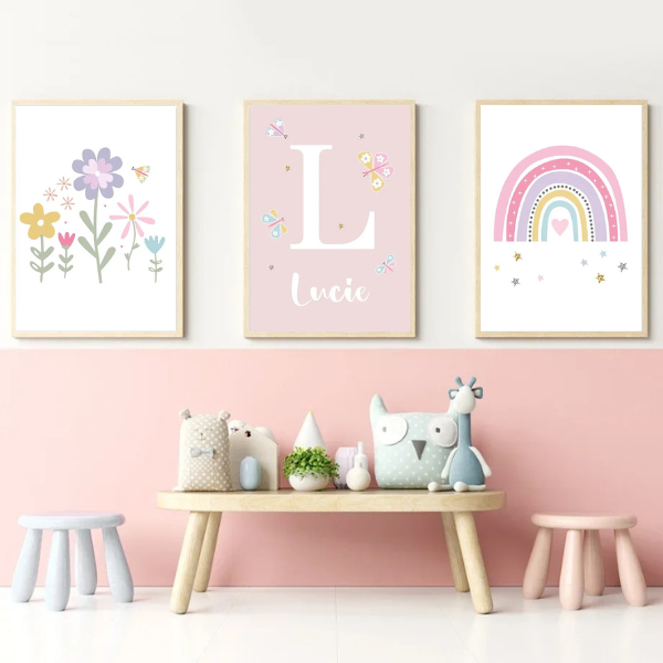 Lot d’affiches murales licorne et arc-en-ciel pour une décoration féérique de chambre d’enfant.