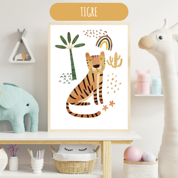 Illustration minimaliste et douce d’un tigre dans un décor tropical pour une déco murale apaisante.