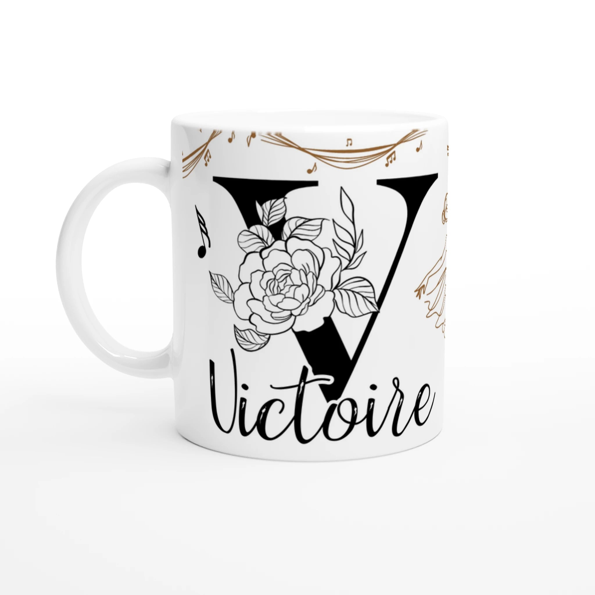 Tasse personnalisable enfant tout blanc avec prénom, silhouette de danseuse classique et notes de musique, parfait comme cadeau élégant pour une passionnée de ballet.