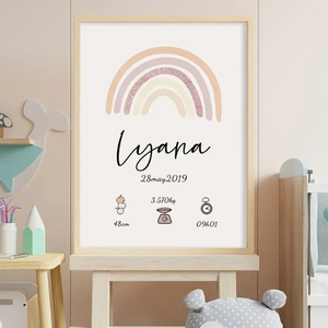 affiche de naissance personnalisée format vertical posée sur un chevalet en bois, avec arc-en-ciel rose et détails de naissance