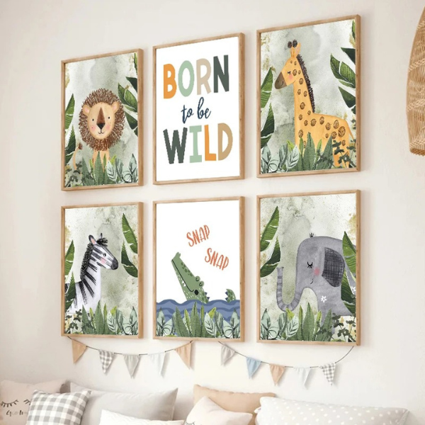 Ensemble de six affiches représentant des animaux sauvages de la jungle, idéal pour une décoration murale complète de chambre enfant.