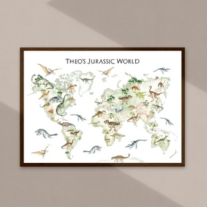 Affiche personnalisée illustrée d’une carte du monde avec des dinosaures, parfaite pour une décoration éducative et ludique.