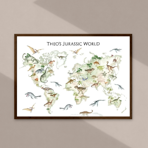 Affiche personnalisée illustrée d’une carte du monde avec des dinosaures, parfaite pour une décoration éducative et ludique.