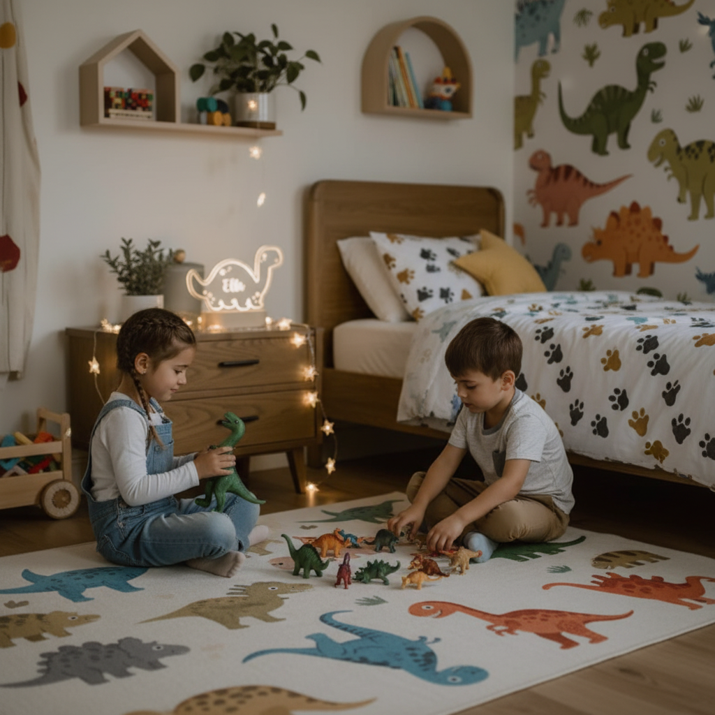 Chambre d’enfant décorée sur le thème des dinosaures avec une lampe lumineuse