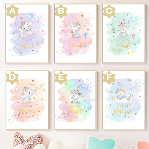 Collection d’affiches enfant avec éléphant et messages positifs classés par lettres de l’alphabet