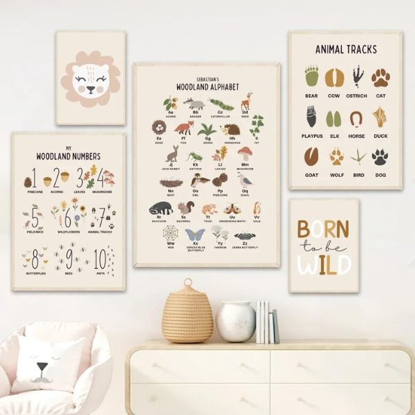 Composition murale avec affiches éducatives nature, alphabet, chiffres et animaux pour décoration de chambre d’enfant