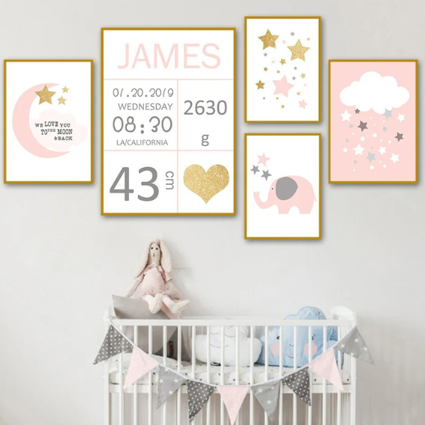 Composition d’affiches murales pour chambre de bébé avec lune, étoiles, éléphant et nuage, décoration enfant harmonieuse