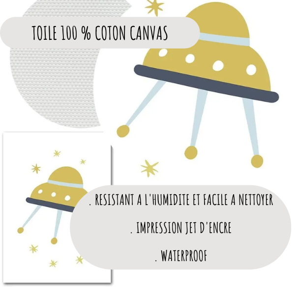 Zoom sur la texture de l’impression sur toile 100 % coton canvas, affiche soucoupe volante, résistante et waterproof.