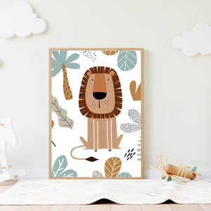 Affiche d’un lion mignon dans une ambiance jungle, idéale pour une chambre bébé thème savane