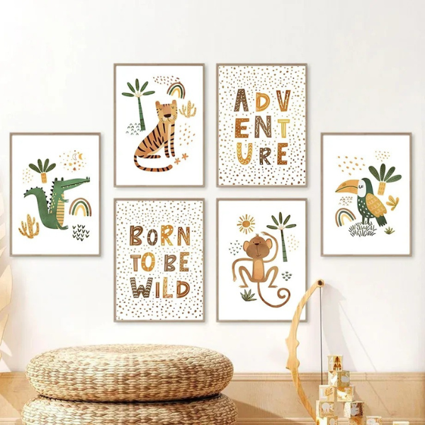Set de 6 affiches animaux safari pour une décoration murale harmonieuse et tendance.