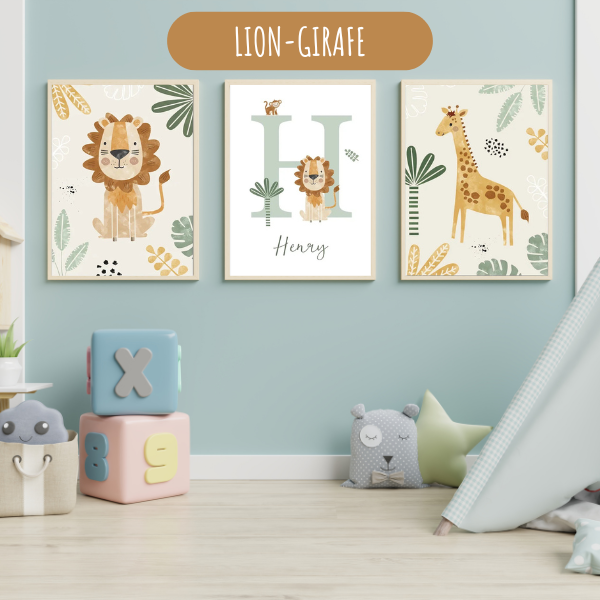 Affiches lion et girafe pour décoration murale chambre bébé, ambiance jungle douce.