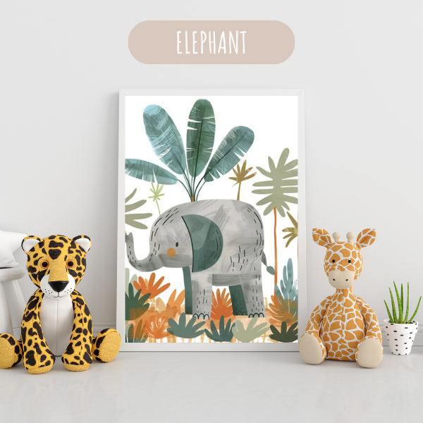 Affiche murale avec un éléphant illustré dans une jungle luxuriante, une pièce parfaite pour une chambre bébé jungle.