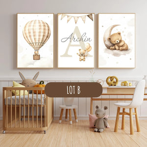 Décoration chambre bébé avec affiche ourson lune et nuage, affiche personnalisée bébé ton neutre, ambiance apaisante