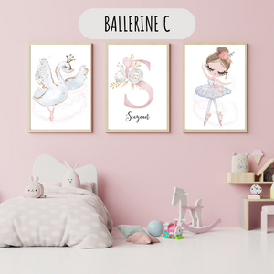 Décoration murale avec un set d’affiches sur le thème ballerine, idéal pour une chambre de petite fille passionnée de danse.