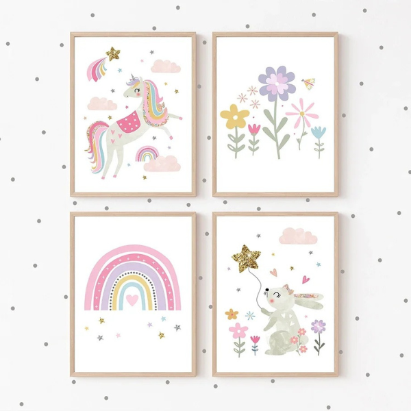 Affiches murales sur le thème des licornes et des arcs-en-ciel, parfaites pour une chambre de bébé.