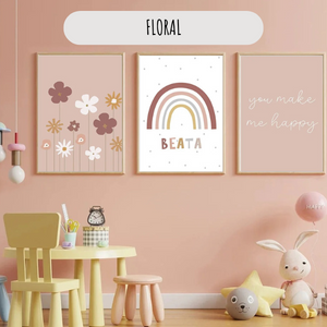 Set de 6 affiches murales décoratives avec motifs soleil, nuage et fleurs bohèmes pour une chambre d’enfant cosy.