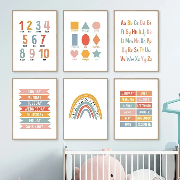 Set d’affiches éducatives en anglais pour chambre Montessori avec alphabet, chiffres et formes