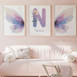 Décoration murale enfant avec papillons aquarelle et lettre personnalisable