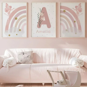 Triptyque avec arc-en-ciel rose, étoiles dorées et fée pour chambre fille