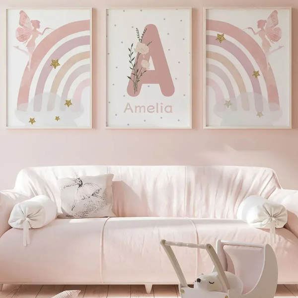 Triptyque avec arc-en-ciel rose, étoiles dorées et fée pour chambre fille
