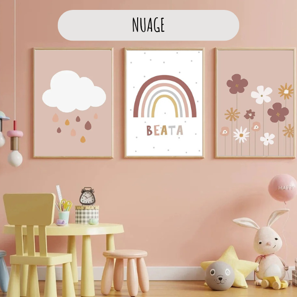 Affiches murales enfant avec arc-en-ciel et citation inspirante, idéales pour une décoration bohème et chaleureuse.