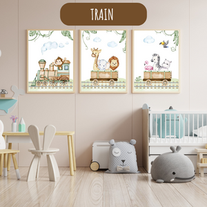 Lot d’affiches éducatives sur le thème jungle et train, parfait pour déco et apprentissage.