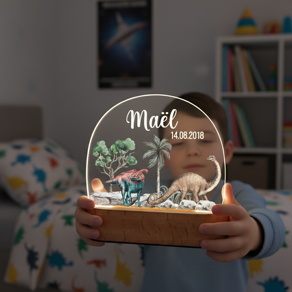 Lampe décorative dinosaure posée dans une chambre d’enfant, éclairage doux et ambiance chaleureuse.