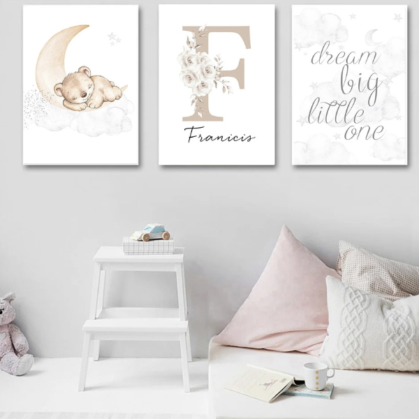 Décoration de chambre bébé avec affiches murales nuages, lune et message inspirant pour enfant