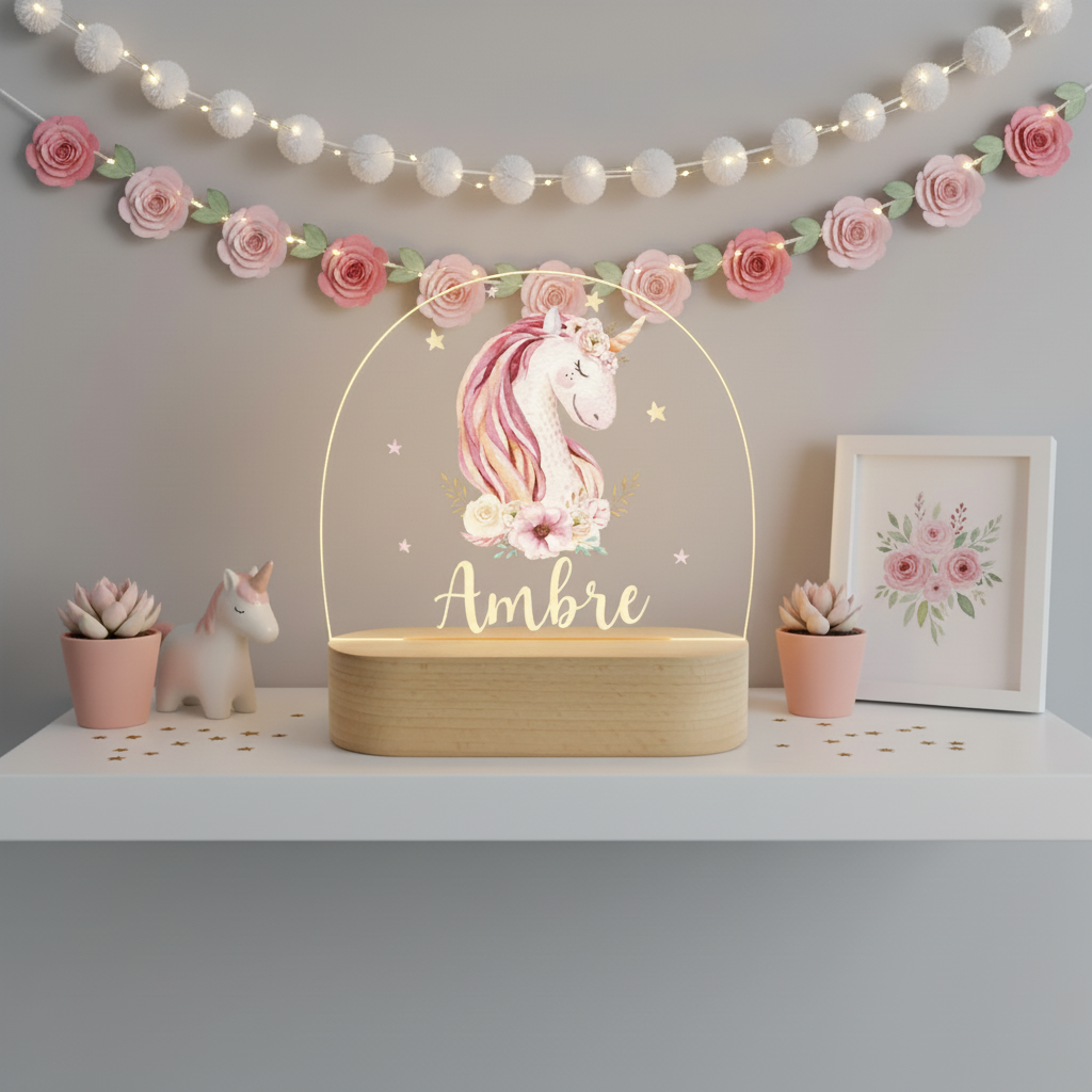 Décoration de chambre enfant avec veilleuse licorne lumineuse