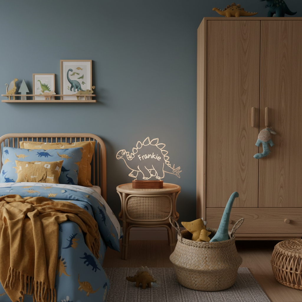 Veilleuse dinosaure LED sur un meuble en rotin dans une chambre d’enfant au style naturel.