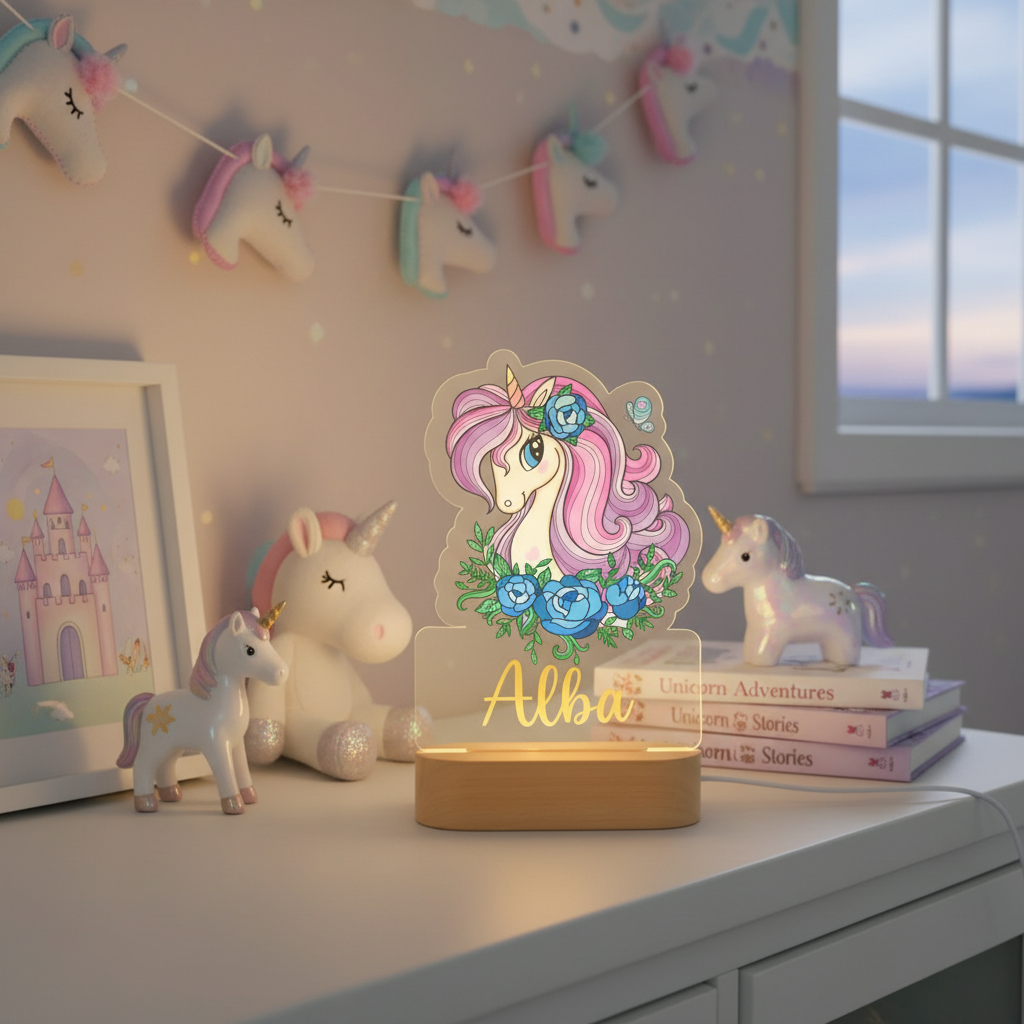 Veilleuse licorne personnalisée éclairée dans une chambre d’enfant à l’ambiance douce et féerique
