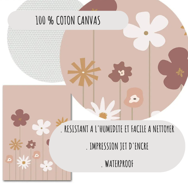 Affiche murale bohème avec fleurs et tons naturels pour décoration chambre bébé terracotta. Impression haute qualité sur coton canvas.
